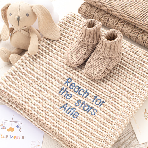 Fudge Personalised Baby Blanket with Booties Gift Set Toffee Moon