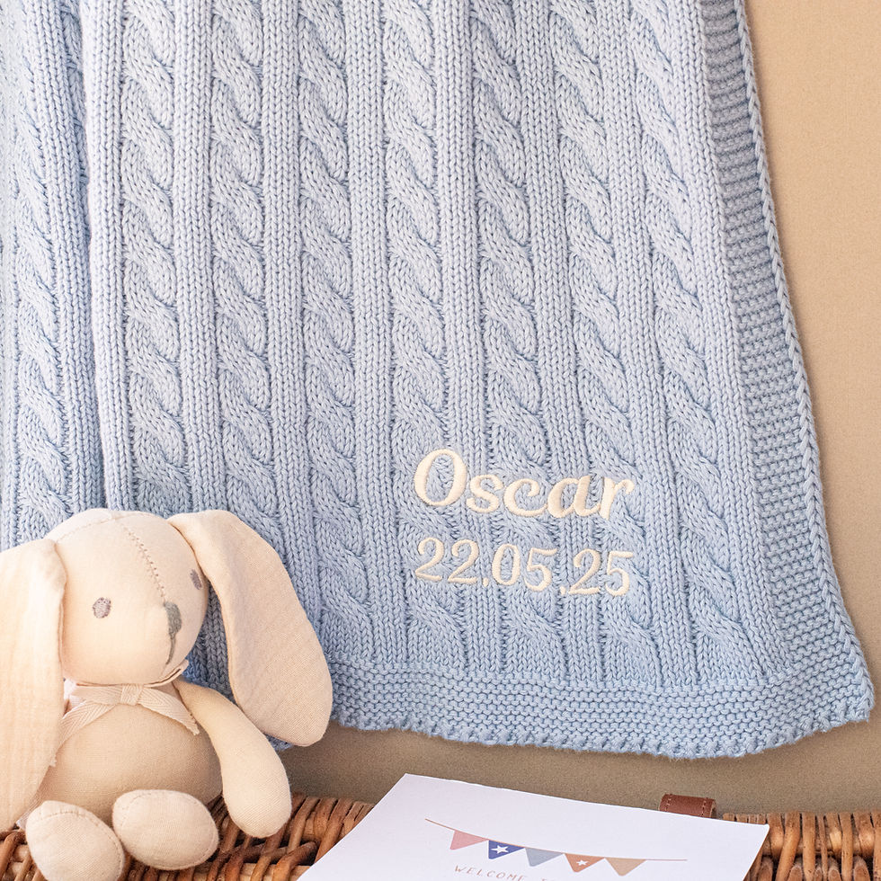 Personalised Blue Cable Knit Baby Blanket for Boys – Script Name with cream embroidery