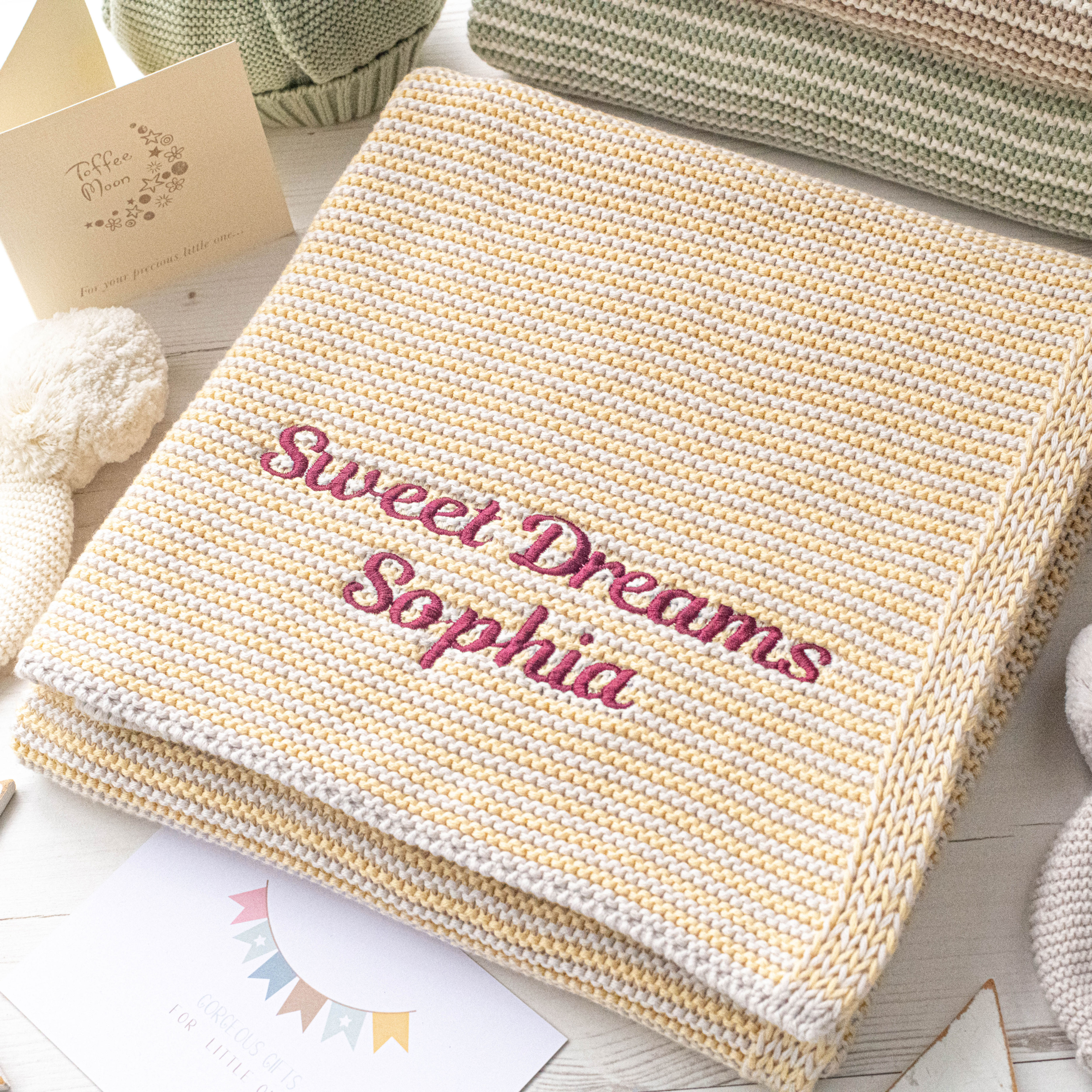 Custard and Arctic Grey Mini Stripe Personalised Baby Blanket with Script Name