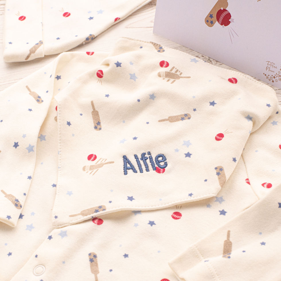 Personalised Little Cricket Star Babygrow, Hat, Bib Set with Blue Name