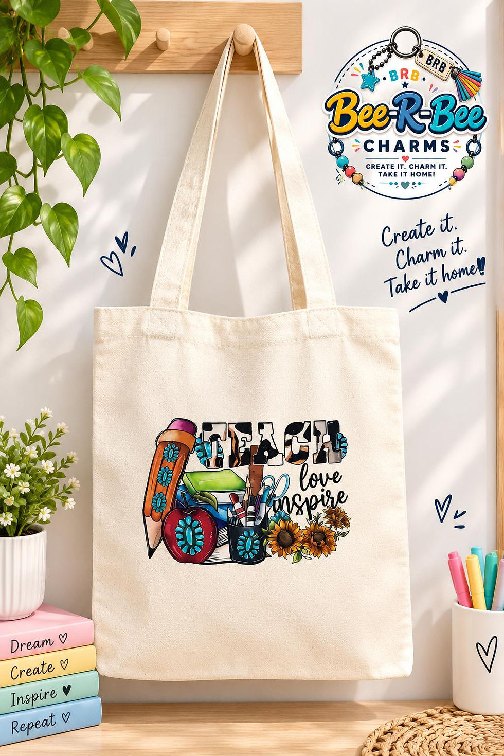 Eye-level view of a colorful handmade tote bag on a wooden table