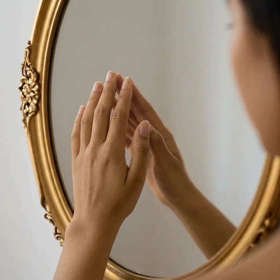 Studio photography of a person's hands reaching towards their reflection in an ornate mirror. The scene evokes introspection and self-discovery.