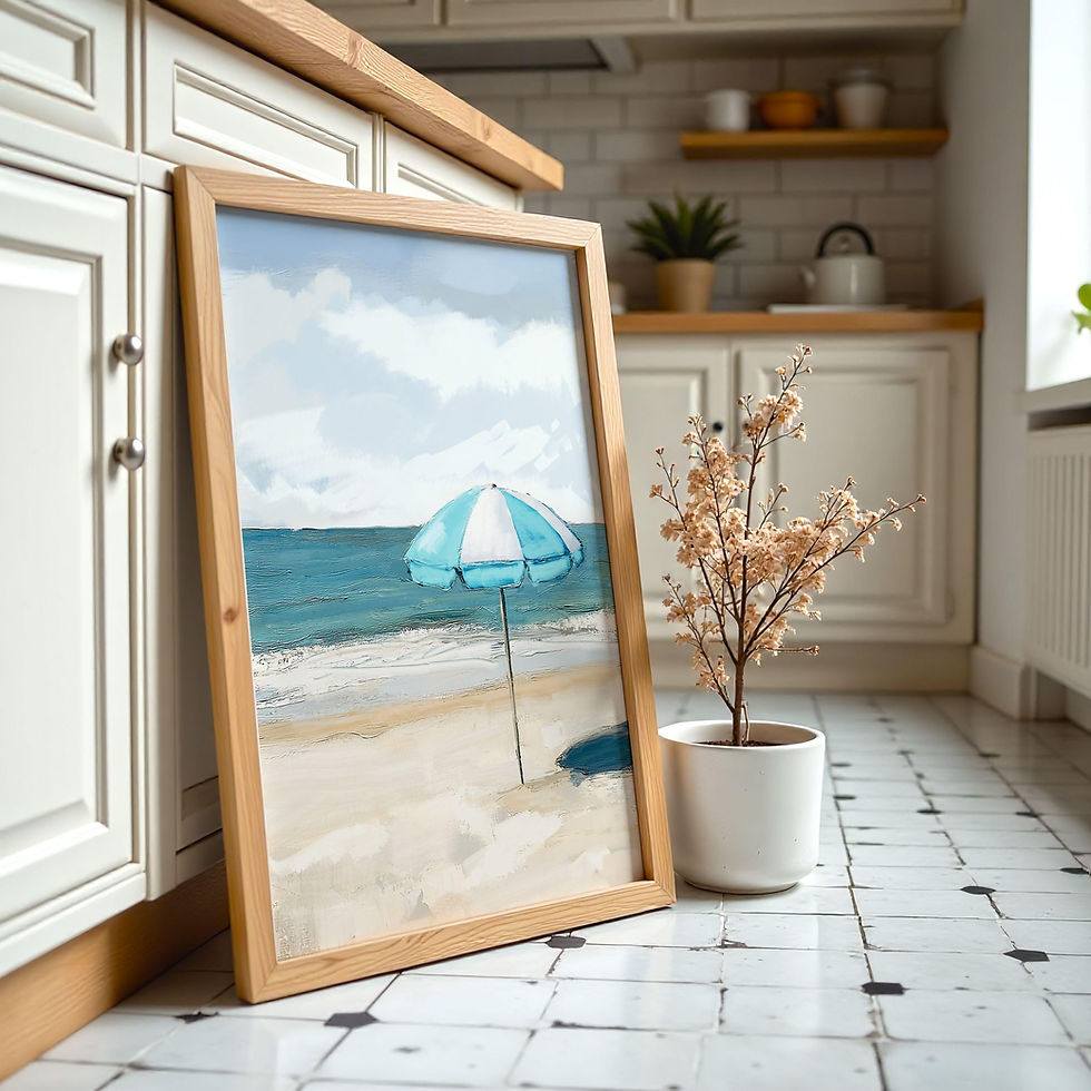 Thumbnail: Teal and White Beach Umbrella Coastal Art Print