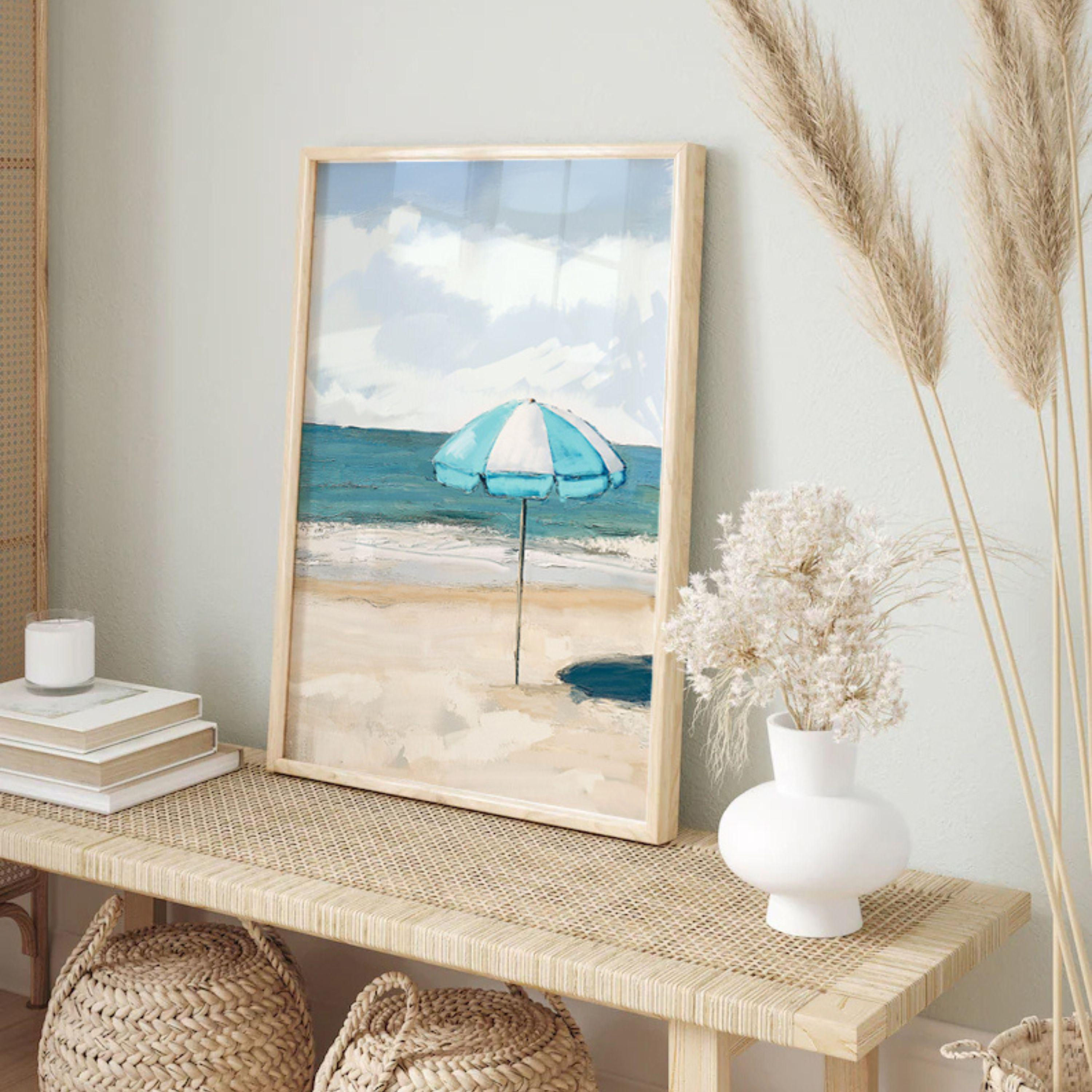 Teal and White Beach Umbrella Coastal Art Print