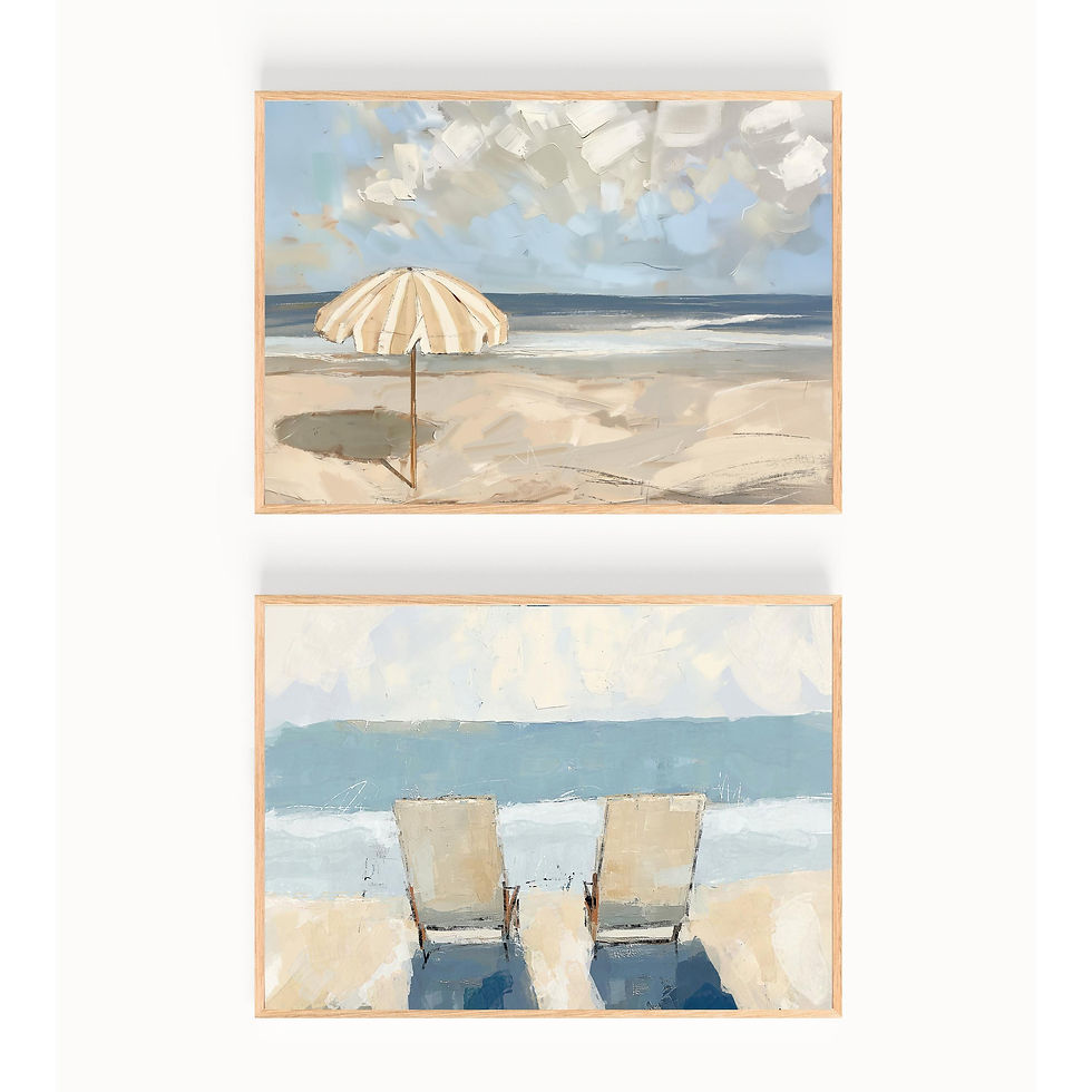 Thumbnail: Two White Chairs and Tan and White Beach Umbrella Art Print Set of Two