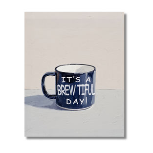 A painted illustration of a navy coffee mug with the phrase “It’s a Brewtiful Day!” sitting on a light neutral surface with soft shadows.
If you'd like, I can now create a collection description for your full Coffee & Tea Pun series!