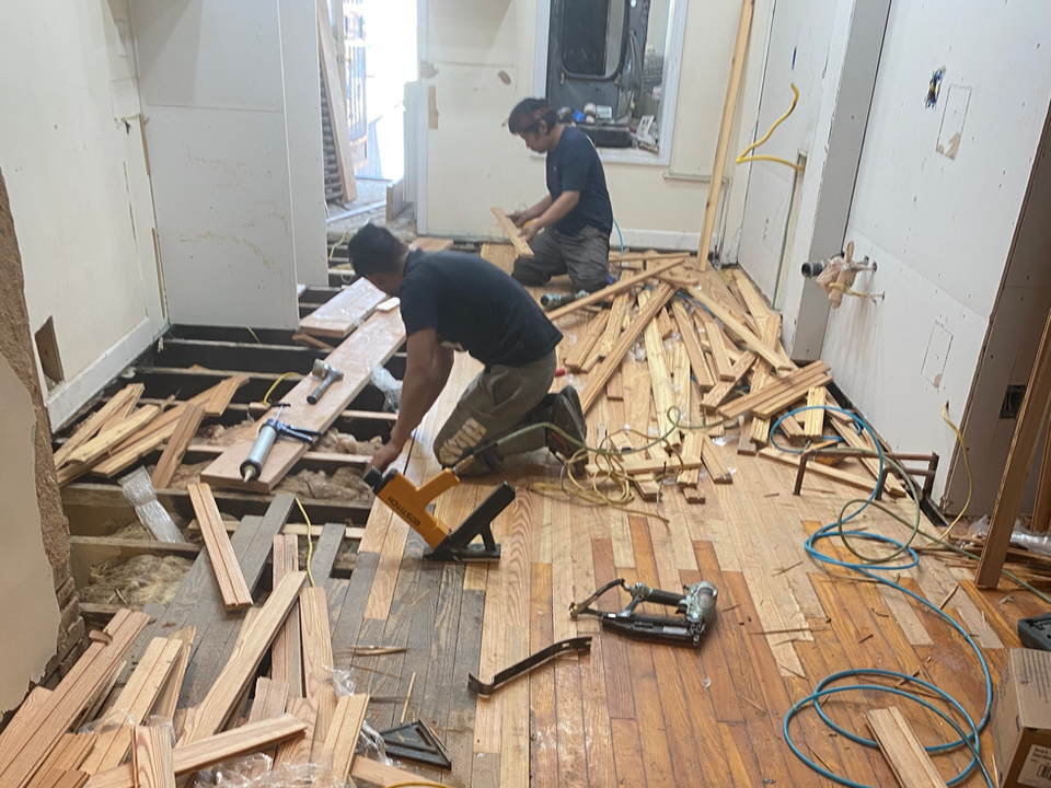 Reclaimed heart pine installation