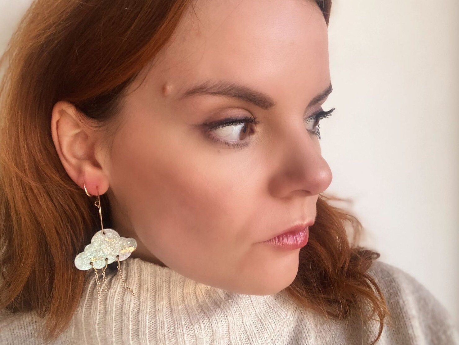 Handmade Rain Cloud Earrings | Laser Cut Wood & Resin With Gold Plate chain dro