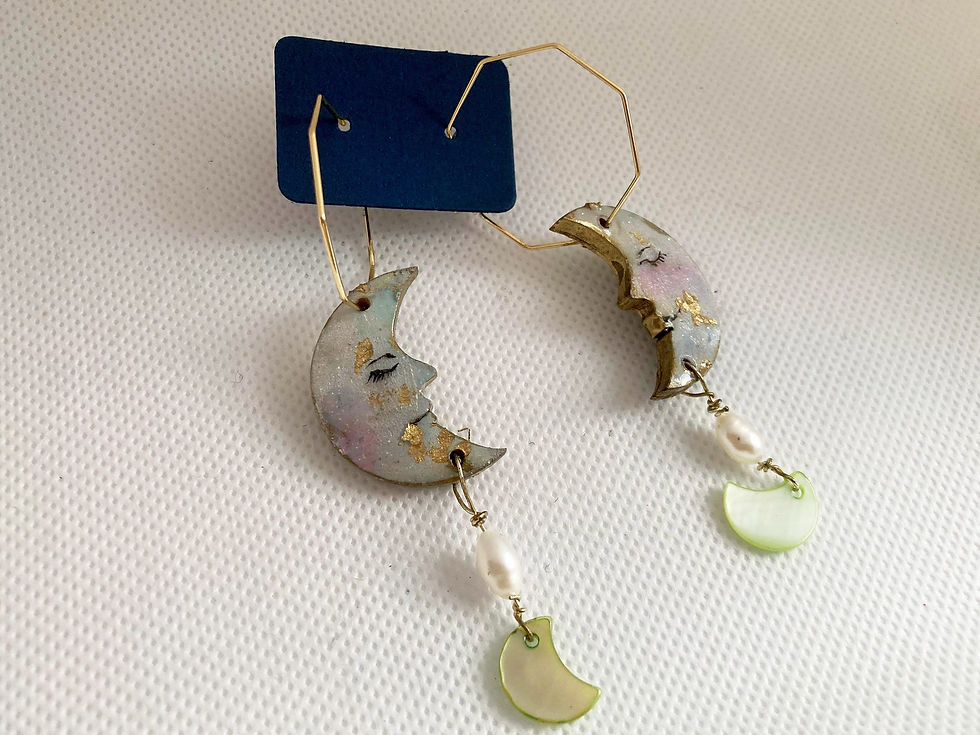 Thumbnail: Handmade Moon Face Mother of Pearl Drop Earrings | Laser Cut Wood & Resin