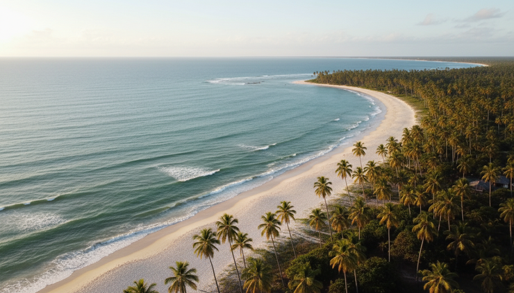 Vista aérea de uma praia nordestina com mar azul e coqueiros à beira da areia