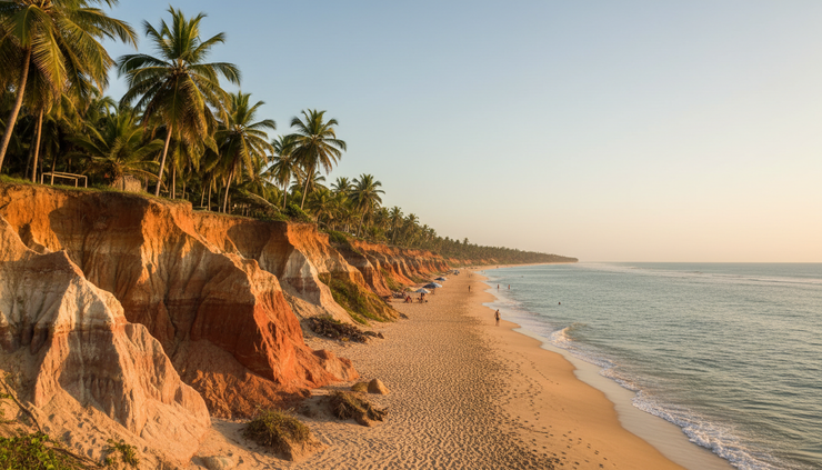 Vista lateral de coqueiros e falésias na Praia da Pipa durante o fim de tarde