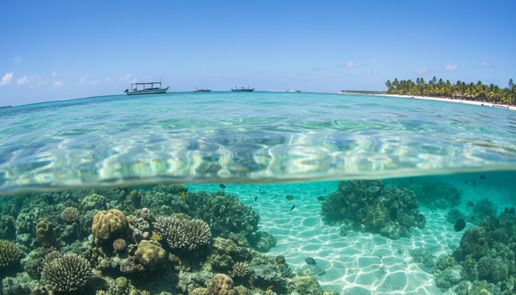 Vista ao nível da água de piscinas naturais em Maragogi com tons de azul