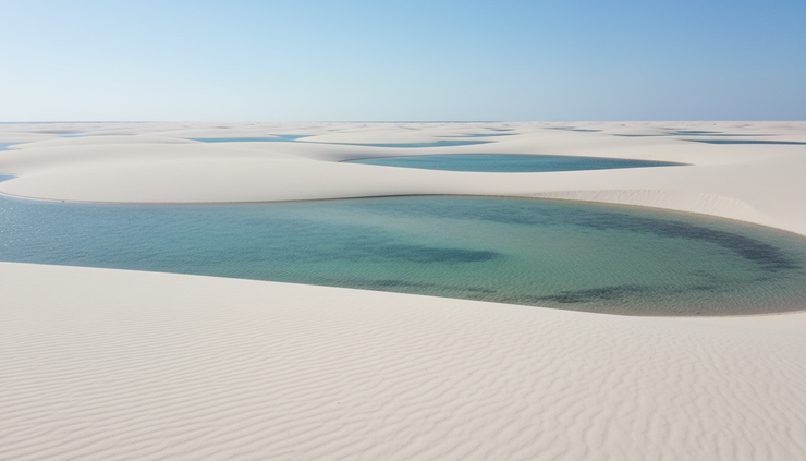 Plano aberto de dunas brancas com lagoas azuis nos Lençóis Maranhenses