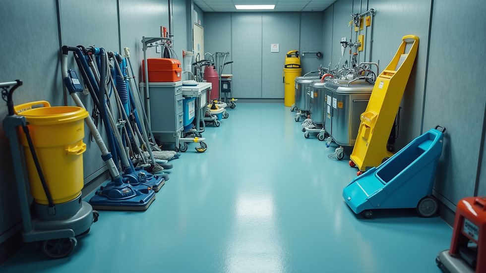 High angle view of cleaning equipment arranged for commercial cleaning