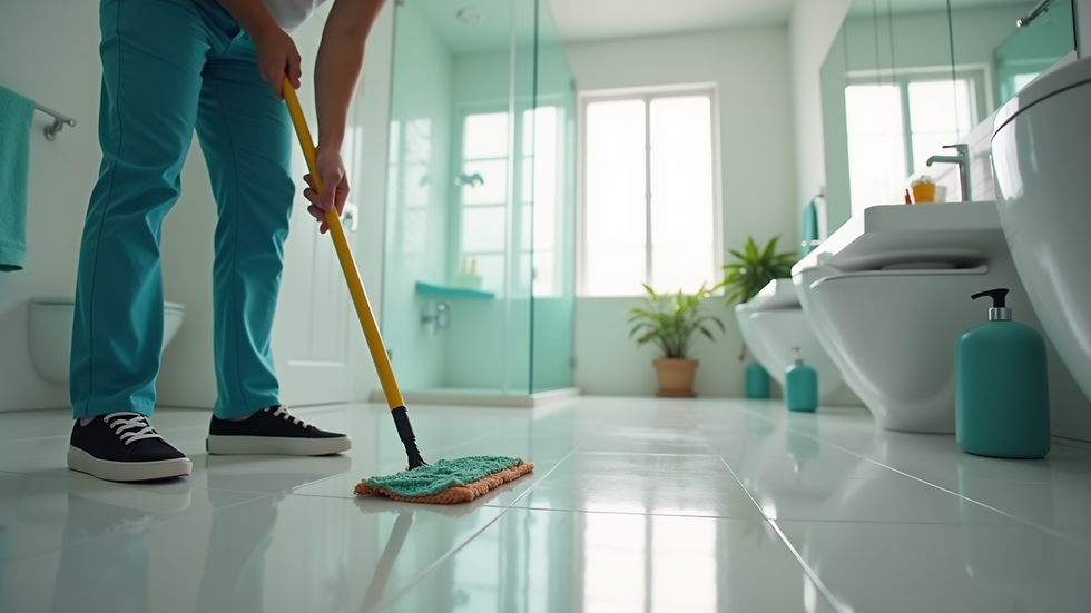 Eye-level view of a professional cleaner using eco-friendly products in a bathroom
