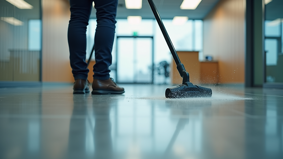 Eye-level view of a commercial office space being cleaned with eco-friendly equipment