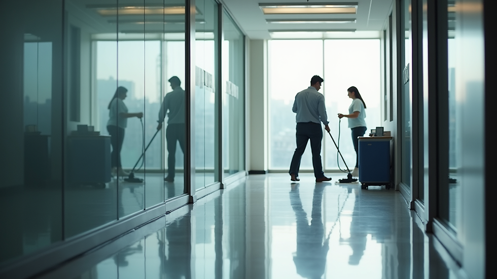 High angle view of a commercial office space being cleaned