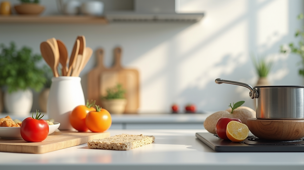Close-up view of a clean kitchen countertop with cooking utensils