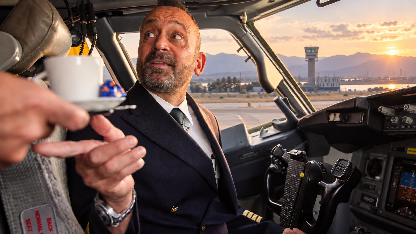 Moment im Cockpit mit Abendlicht über dem Flughafen
