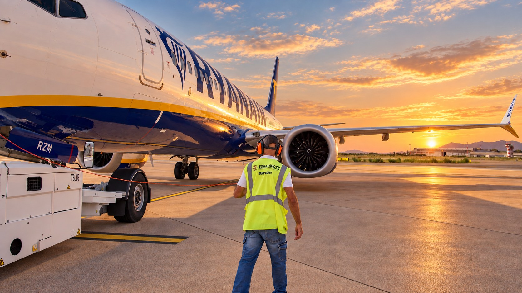 Flugzeug und Bodenabfertigung im warmen Licht über Cagliari