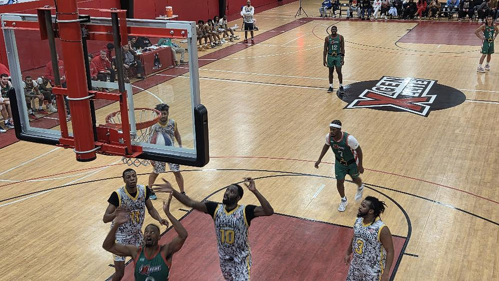 Note the red-white-blue basketball just below the rim - only feet from our seats.