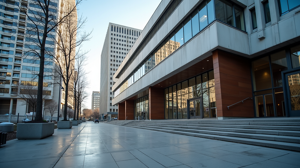Eye-level view of a modern Calgary courthouse exterior