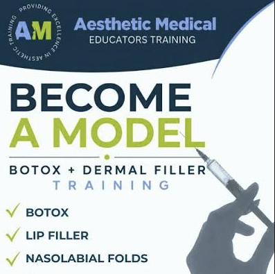 Poster for Aesthetic Medical Educators Training: Become a Model, Botox + Dermal Filler Training, with syringe and checklist.