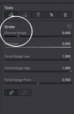 Zoomed-in screenshot of the Chroma Warp stroke settings in DaVinci Resolve 20, highlighting the 'Chroma Range' slider used to control the range of selected hues during colour grading.