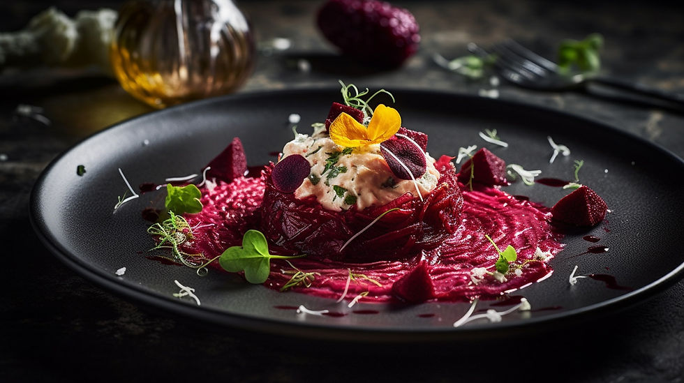 beetroot in nest shape with cream inside toped with herbs served on black plate in dark environment