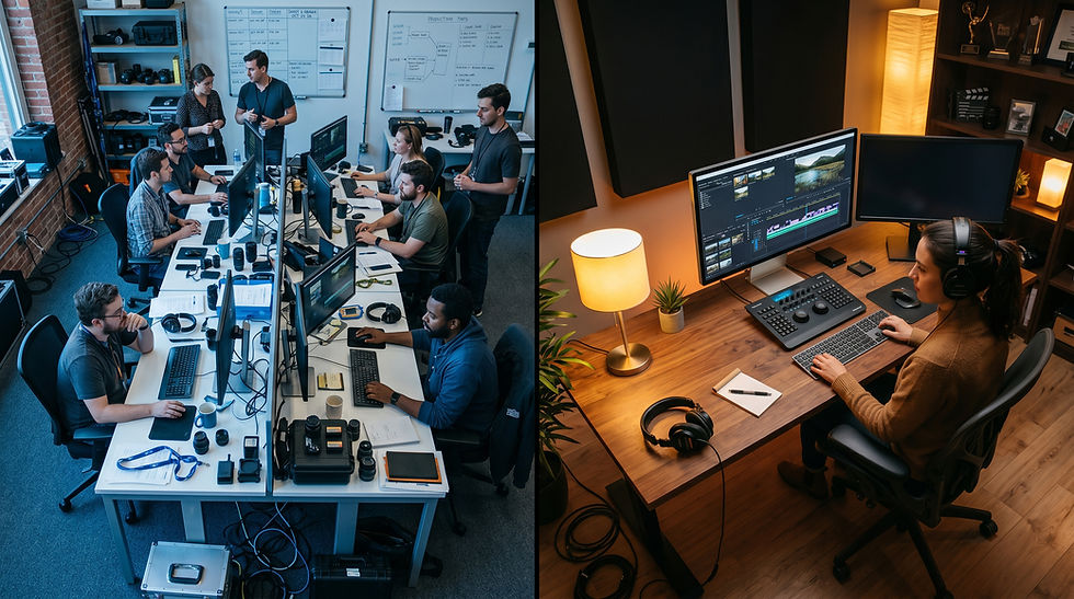 Production company office with full team compared to a professional freelance video editor working independently at a dedicated edit suite