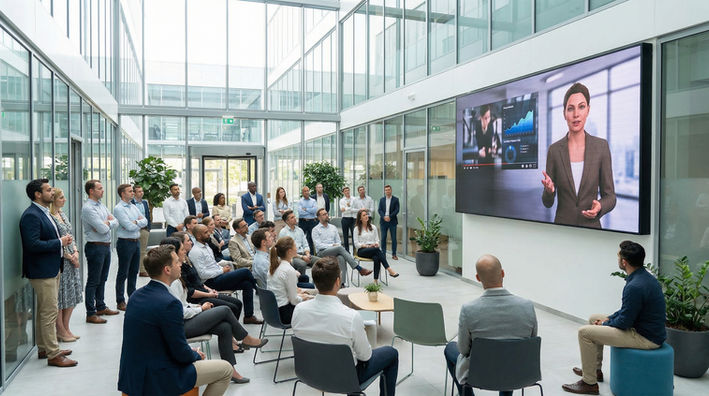 AI avatar presenting company video content to a business audience in a modern office setting