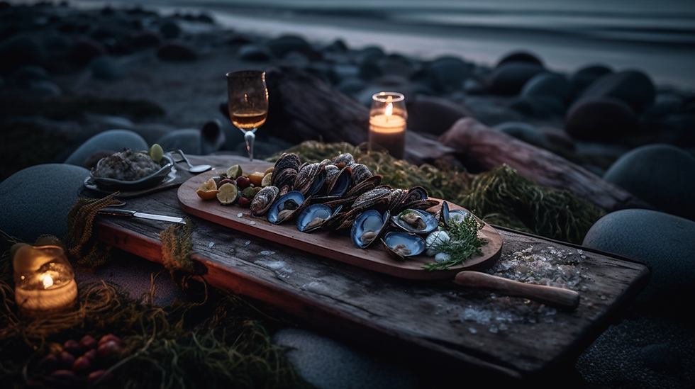 muscles on wooden tasting board resting on large rocks outside with sea view, a wine glass and two candles