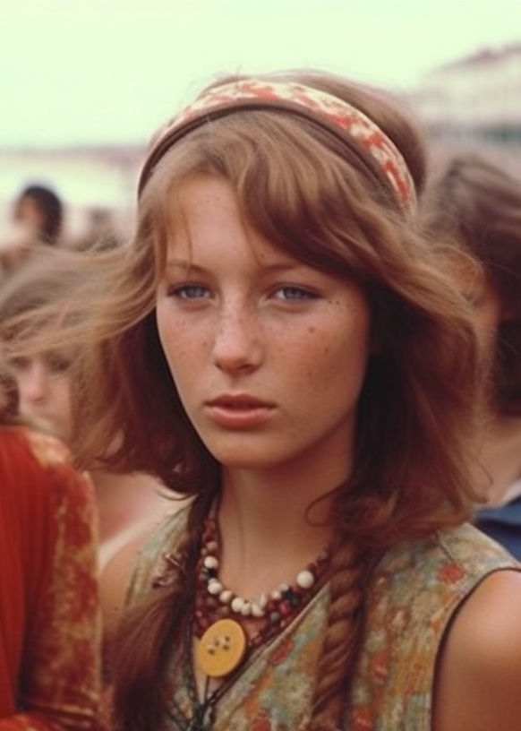 a close-up portrait of a young woman from the 1960s showcasing the fashion of Brighton. She wears a floral headband and a patterned dress with a peace sign necklace, embodying the era's popular bohemian style. Her natural makeup, freckled complexion, and braided hairstyle reflect the carefree beauty standards of the time, set against a blurred background of other individuals in vibrant attire