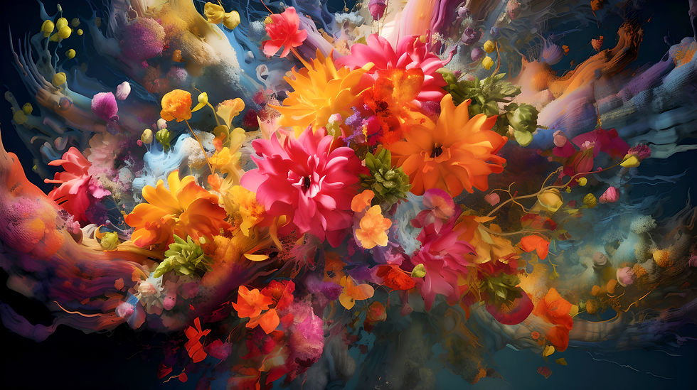 A dynamic and ethereal floral arrangement seems to burst into life, with a vivid explosion of flowers in rich oranges, reds, and yellows set against a dreamlike background of blues and grays. The flowers are rendered with such detail and depth that they appear to be in motion, as if underwater or in a gentle breeze, showcasing a blend of natural beauty with a surreal, painted quality. This image exemplifies the fusion of traditional artistry with AI innovation, creating visuals that transcend the boundaries of conventional art formsackground