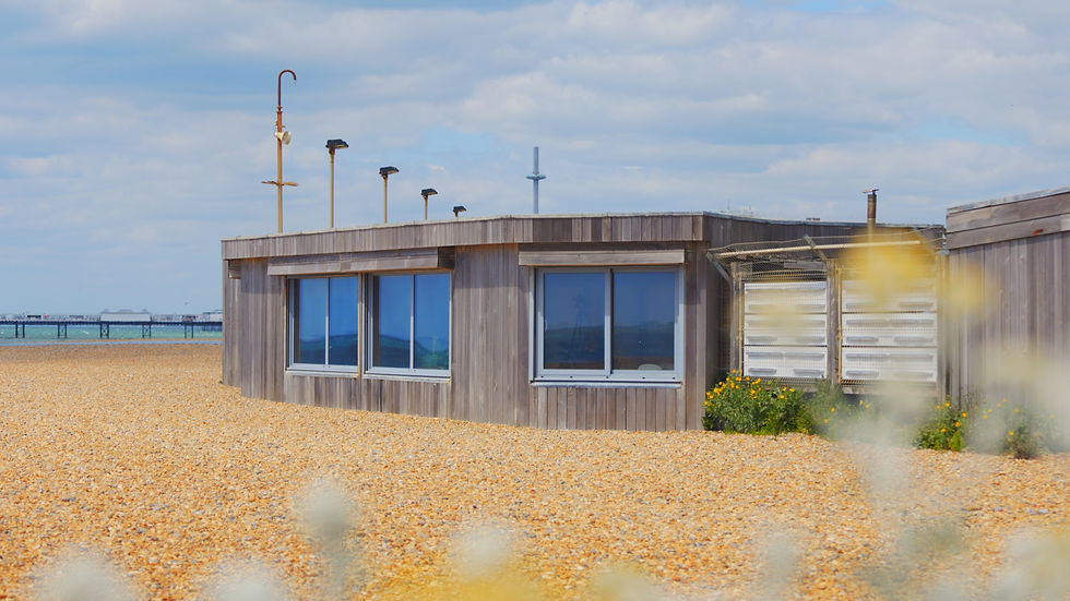 Wooden beachfront building at Yellow Wave in Brighton, seen across a pebble beach with soft foreground blur, under a bright cloudy sky.