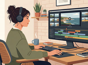 Illustration of a video editor wearing headphones at a cosy home desk, working on a large monitor with a colourful video editing timeline and preview window on screen, plants and a notebook nearby.
