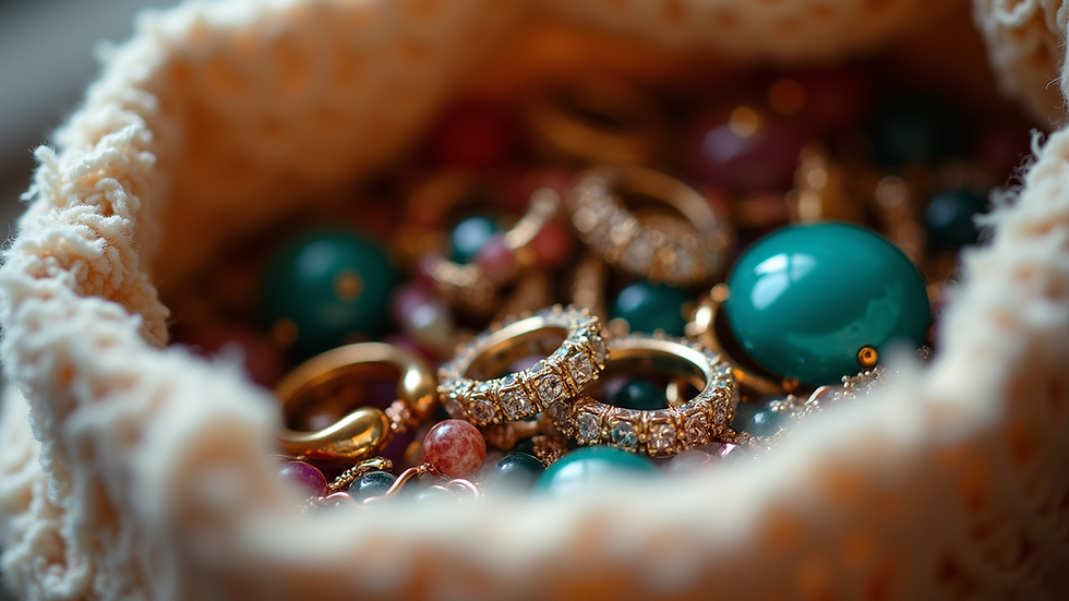 Close-up view of an assortment of colorful jewelry pieces in a mystery bag