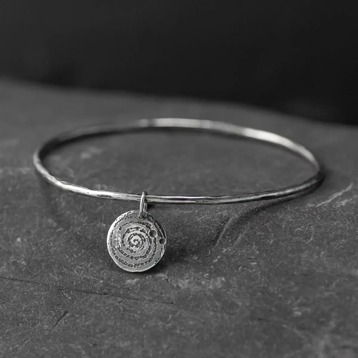 Llanbedr Spiral Oxidised Silver Bangle with Pendant