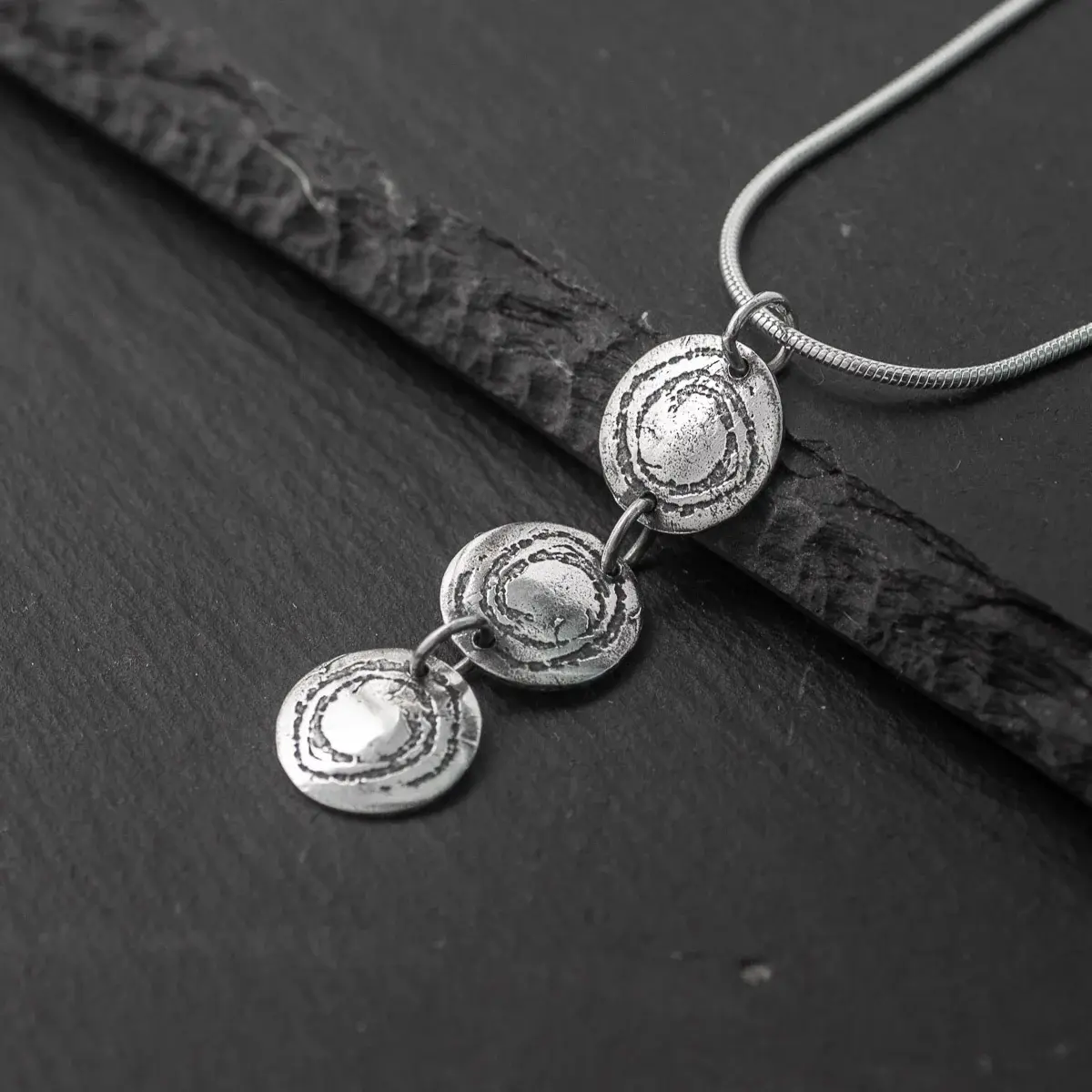 Barclodiad Rock Art Triple Oxidised Silver Drop Pendant with Chain