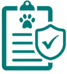 Icon of a clipboard with a paw print and lines, symbolizing documents. A shield with a checkmark overlays, representing pet approval or protection.