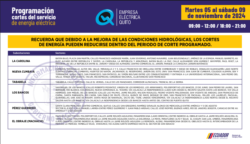 Horario de cortes de energía en Quito