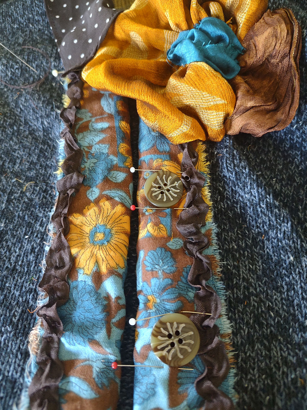 button set up on blue cardigan fix-up