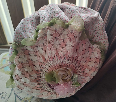 Roses & Lace Slouchy/Snood Hat great view of the hand-made lace, a lucky find, organdy ribbon flowers, a period-looking piece and lovely, for sure