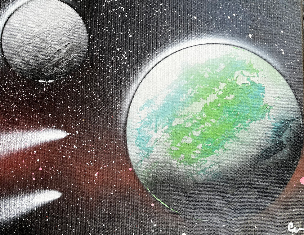 Earth and Moon with shooting stars
