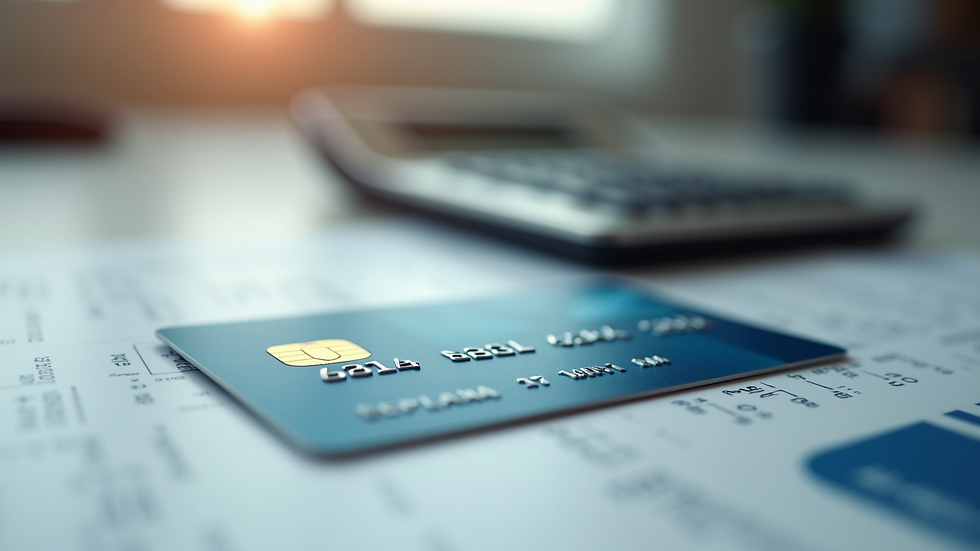 Close-up view of a credit card and calculator on a desk