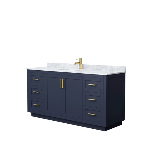 Bathroom vanity with blue cabinetry, marble countertops, and gold finishes