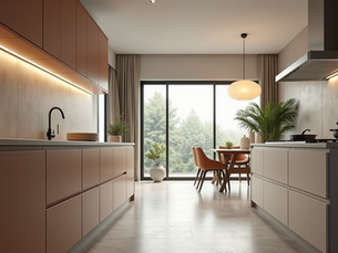 modern style kitchen with grey countertops and recessed lighting underneath the top cabinets