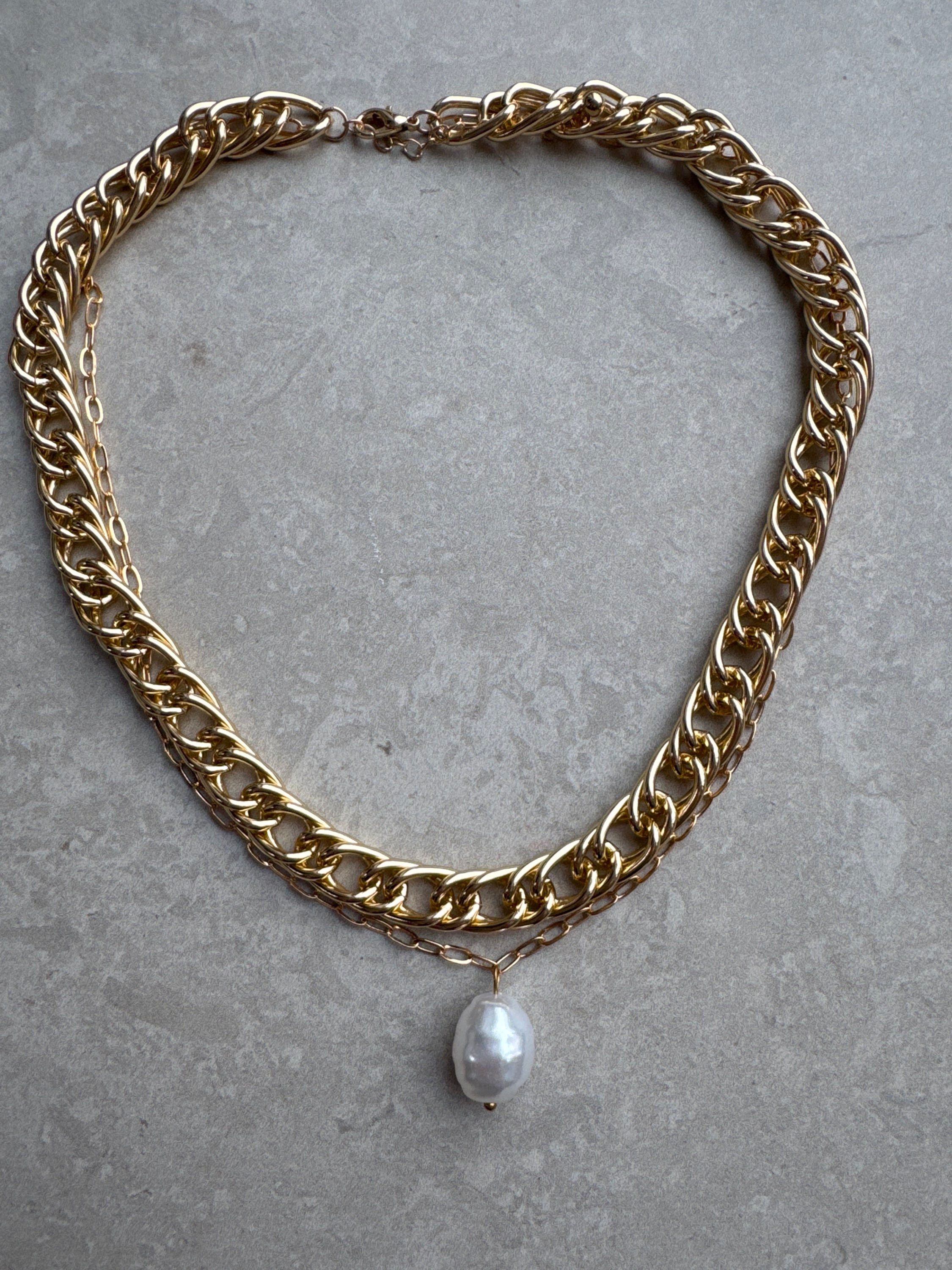 Large Chunky Pearl Necklace - Double Chain