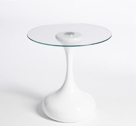 Miniatura: Mesa auxiliar moderna blanca con base de pedestal y tapa de vidrio.