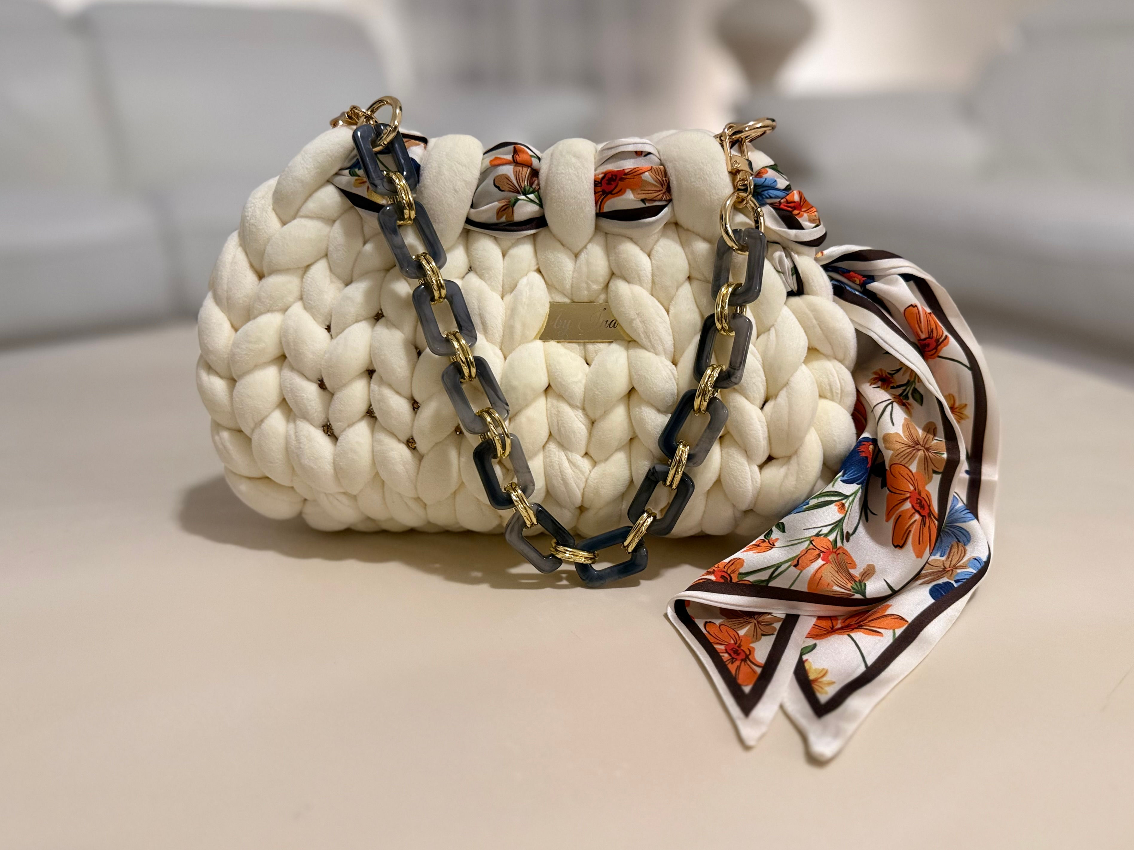 Velvet Creme Muse with Sewn-in Rhinestones and Foulard (approx. 5"x11")